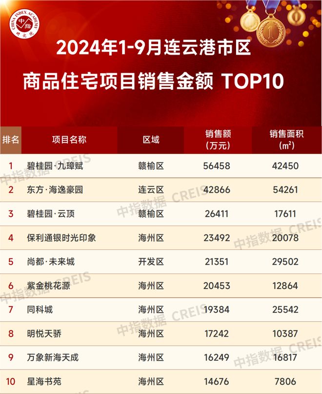 2024年1-9月连云港房地产项目销售业绩TOP10