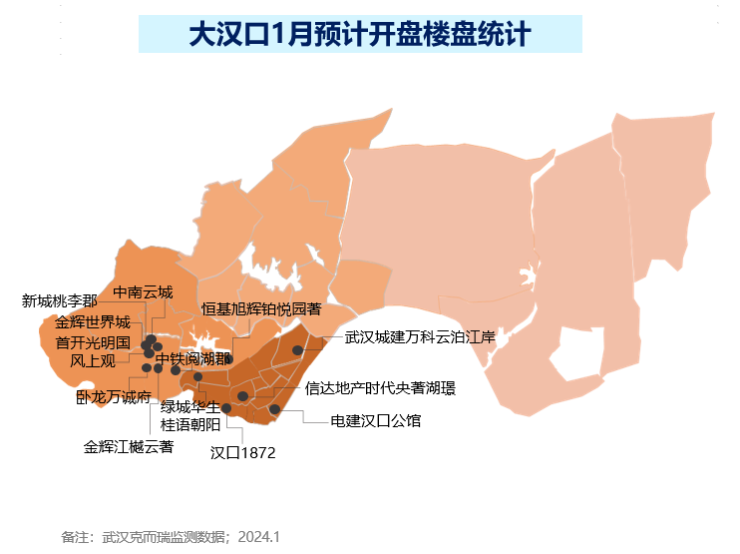 武汉2024年1月预计开盘项目发布新盘主要聚集于大武昌中心区域(图1)