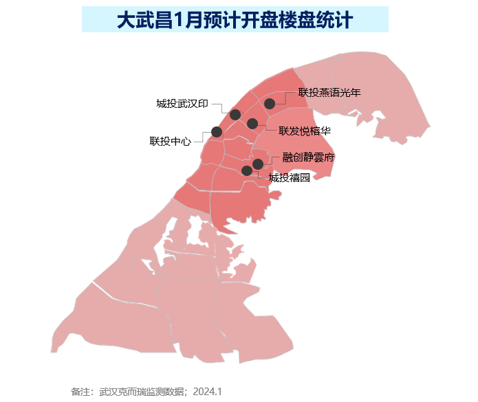 武汉2024年1月预计开盘项目发布新盘主要聚集于大武昌中心区域(图5)